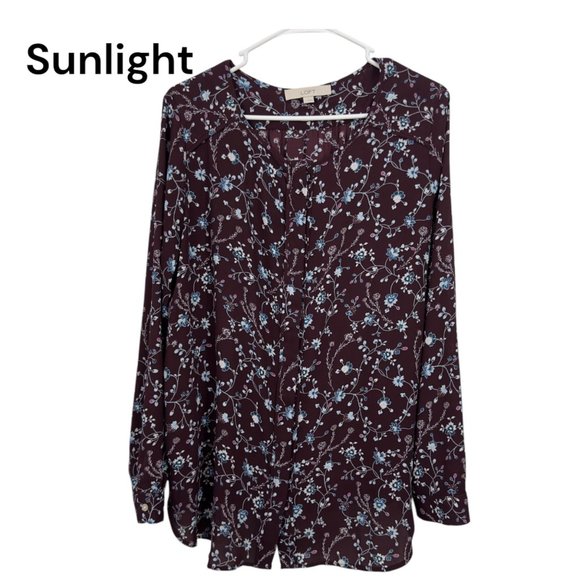 Loft Womens Floral Dark Burgundy Button-Down Blouse Sz L Long Sleeve Lightweight - Picture 1 of 10
